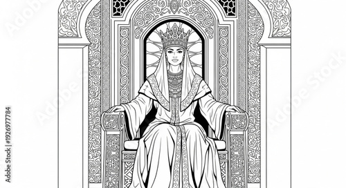 Regal Queen Seated on Ornate Throne, Majestic Portrait of Royalty.
