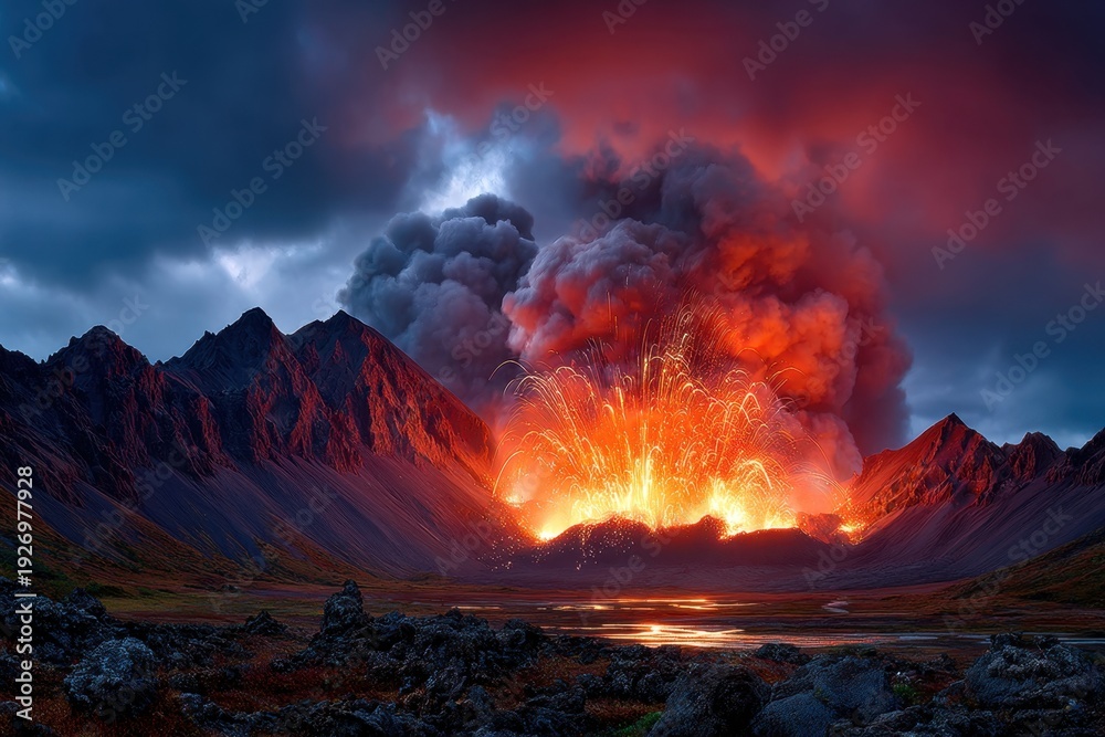 Fototapeta premium Volcanic eruption with glowing lava and smoke at twilight