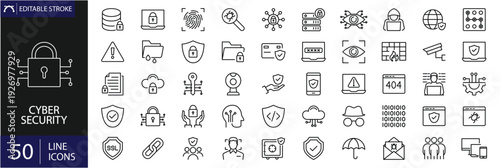 Cyber Security outline icons set. Including data protection, spam, secure, security, antivirus, password, privacy, padlock, and hacker. Vector illustration. Editable stroke.