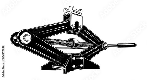 Detailed illustration of a mechanical scissor jack for automotive vehicle maintenance.