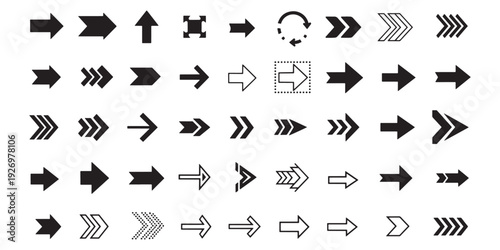Vector set of black arrow icons, collection of minimalist directional pointers and navigation symbols for web and mobile app UI design.