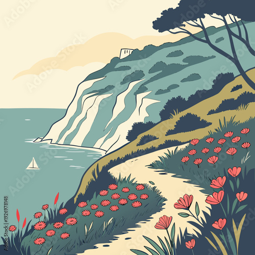 Coastal cliff path with red poppies and green foliage overlooking a blue sea, sailboat in distance, stylized illustration