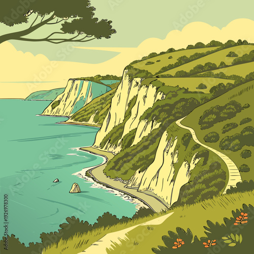 Dramatic chalk cliffs meet the blue sea with rolling green hills and a winding path, illustrated in a distinct, vintage style.