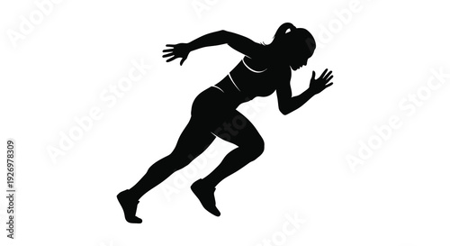 A dynamic image depicts a female runner in full stride captured in a striking black silhouette high quality professional detailed modern