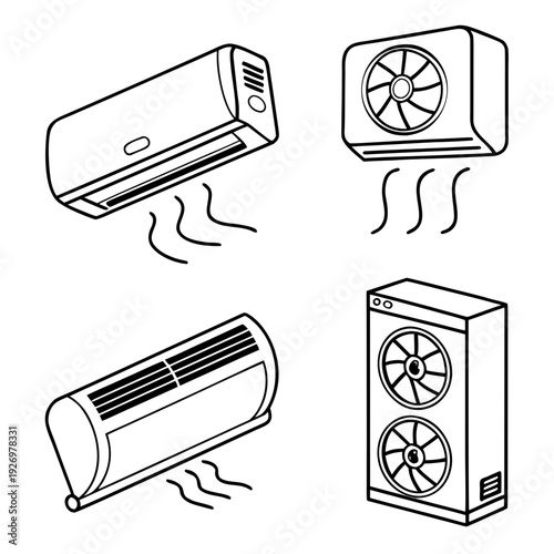 Collection of air conditioning units, including split systems and portable units, depicted in a simple, isometric line art style.