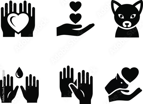 Compassionate hands and hearts silhouette icons