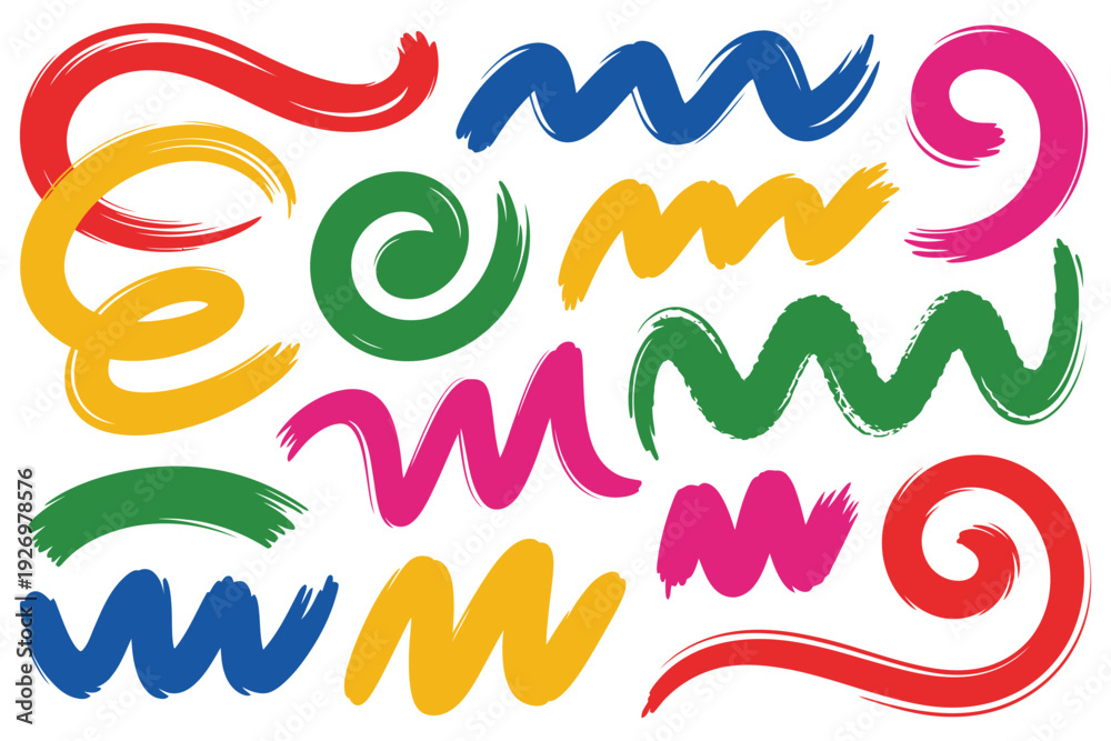 Obraz premium Collection of colorful hand drawn brush strokes with red yellow blue green and pink spirals and waves isolated on transparent background