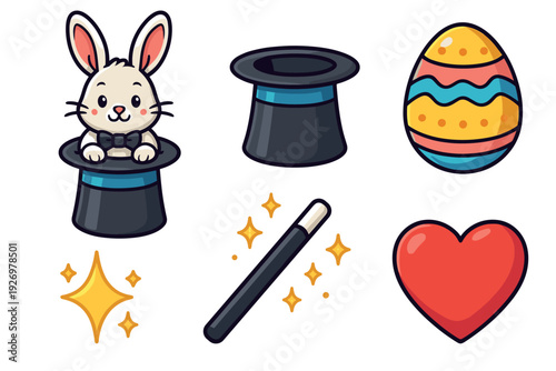 Collection of cute cartoon magic icons featuring a rabbit in a top hat, a magic wand, a decorated Easter egg, a heart, and a sparkling star, illustrated in a simple flat style
