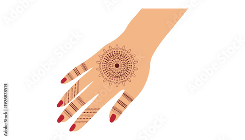A hand with henna tattoo and red nail polish on fingers