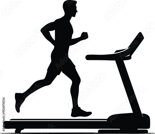 Silhouette of a man running on a treadmill representing fitness and exercise isolated isolated on white background