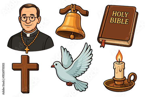Set of cartoon Christian religious icons including a priest, holy bible, wooden cross, dove, church bell, and a lit candle, rendered in a clean illustrative style
