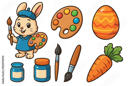 Cute cartoon collection of Easter elements including a bunny artist with a palette, a decorated egg, a carrot, paintbrushes, and jars of paint for a creative holiday activity