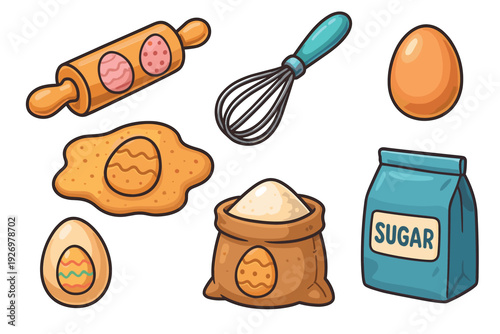 Charming cartoon collection of baking ingredients and tools for making holiday treats, featuring a rolling pin, whisk, eggs, dough, flour, and a bag of sugar