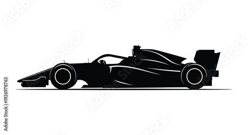 A sleek black formula one race car is depicted in a dramatic side profile showcasing its speed and design silhouette