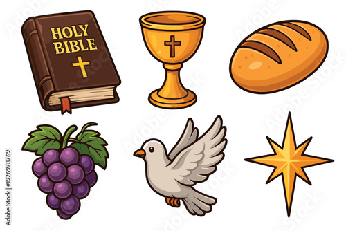 Collection of Christian religious symbols including the Holy Bible, chalice, bread, grapes, dove, and star of Bethlehem, rendered in a clean cartoon vector illustration style