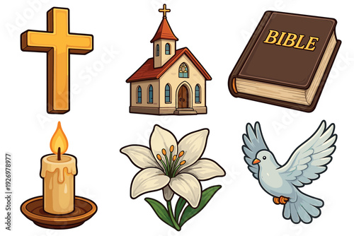 Set of six Christian religious symbols including a golden cross, church, holy book, lit candle, white lily, and dove illustrated in a clean cartoon style for faith concepts
