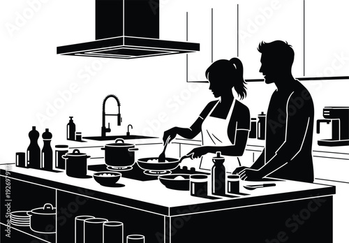 Chefs preparing meals in modern kitchen with hanging utensils