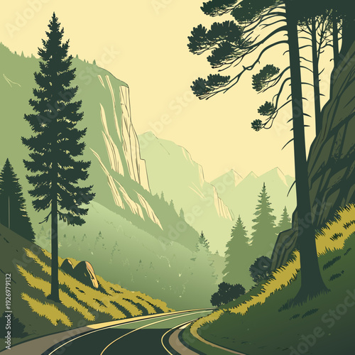 Scenic mountain valley road winding through pine forests and grassy slopes under a soft, hazy sky, in a vintage travel poster style.