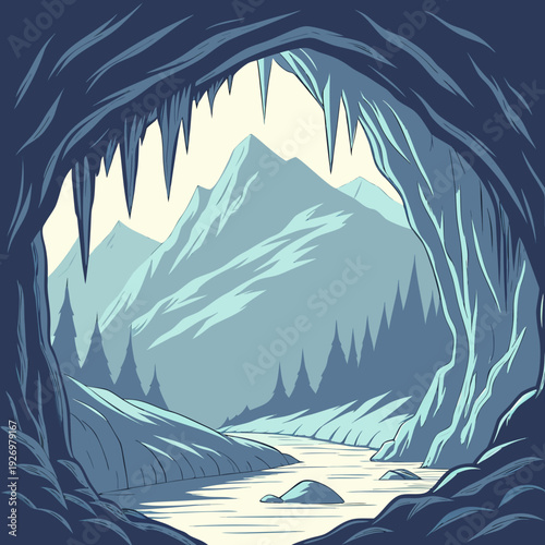 View from inside an ice cave looking out at a frozen landscape with mountains and pine trees, in a cool blue palette.
