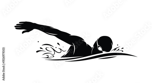 A dynamic black silhouette depicts a swimmer in mid stroke powerfully cutting through the water silhouette high quality professional detailed modern elegant