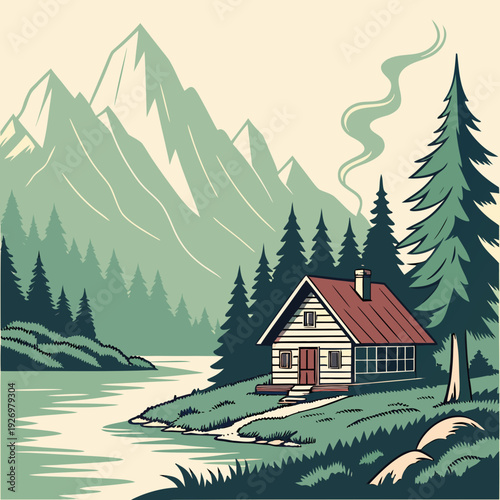 Charming log cabin with a smoking chimney by a serene lake, set against a backdrop of majestic mountains and dense pine forest.