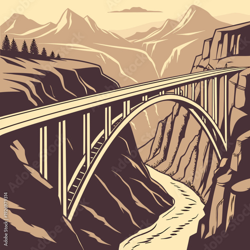 Grand arch bridge spanning a deep canyon with a winding river below, set against a backdrop of majestic mountains and rocky cliffs in vintage style.