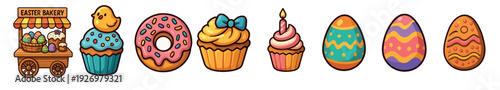 Set of cute cartoon Easter illustrations featuring a festive bakery cart, colorful decorated eggs, sweet cupcakes with a chick and candle, and a delicious pink glazed donut
