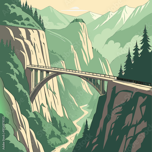 Spectacular arch bridge crossing a verdant mountain valley with a flowing river, showcasing majestic peaks and lush pine forests.