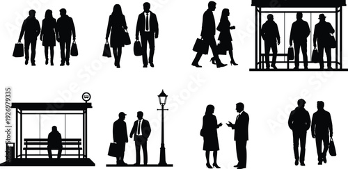 Business people and commuters silhouettes collection featuring walking professionals, bus stop passengers, corporate meeting couple, and urban lifestyle figures isolated vector illustration set