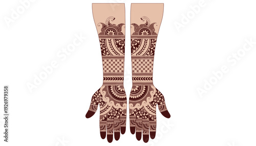 A henna mehndi design illustration on a pair of female hands