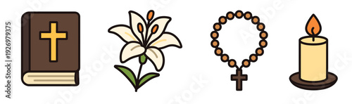 Set of four Christian religious symbols including a holy bible, an Easter lily, rosary beads, and a lit candle, depicted in a simple, colorful cartoon vector illustration style