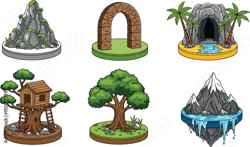 Fantasy game environment icons set featuring mountain, stone arch, tropical cave, treehouse, oak tree, and icy floating island vector illustration for mobile UI design