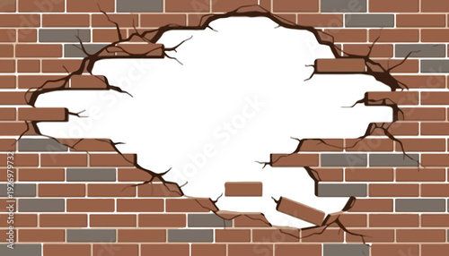 A broken brick wall with a large hole in the center