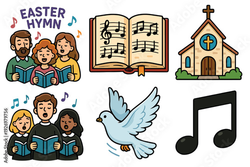 Charming collection of cartoon Easter illustrations showing a family choir, a church, a peace dove, a hymnal, and musical notes for a religious holiday service
