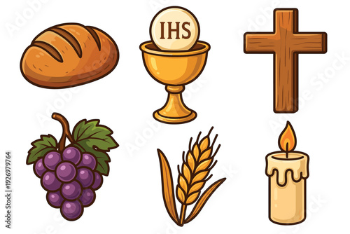 Collection of Christian Eucharist symbols illustrated in a simple cartoon style, featuring bread, a chalice with a host, a cross, grapes, wheat, and a burning candle