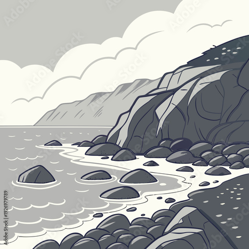 Serene Monochromatic Coastal Landscape Illustration with Rocky Beach, Gentle Waves, and Calm Ocean Under a Cloudy Sky.