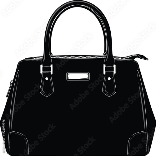 Elegant black leather handbag with top handles and silver hardware