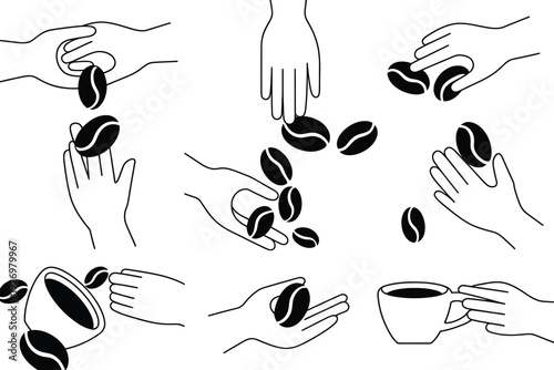 Coffee bean vector illustrations of hands holding and pouring coffee beans