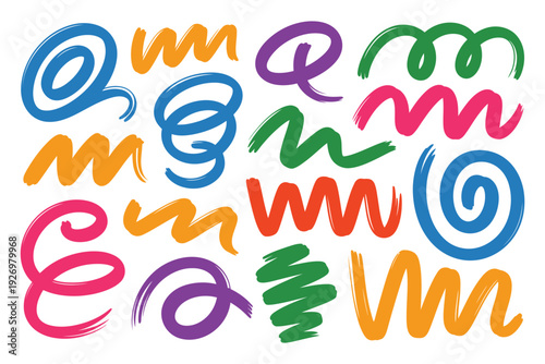 Various colorful spiral swashes and zigzag brush strokes collection on transparent background for expressive art and social media graphics