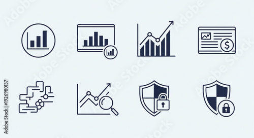 Financial analysis and data visualization icons representing business growth and security.