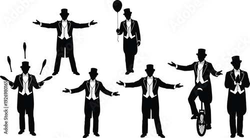 Circus ringmaster and performer silhouettes juggling riding unicycle holding balloon and presenting show isolated on white background for entertainment and festival design concepts