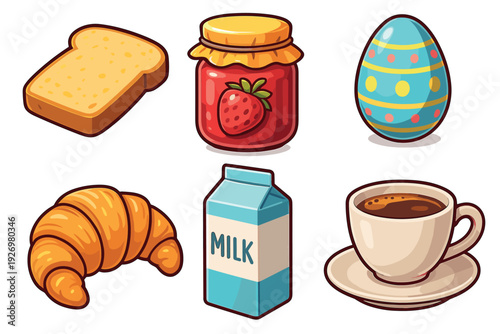 Colorful set of breakfast food icons featuring toast, strawberry jam, a decorated egg, a croissant, milk, and a cup of coffee illustrated in a charming cartoon style