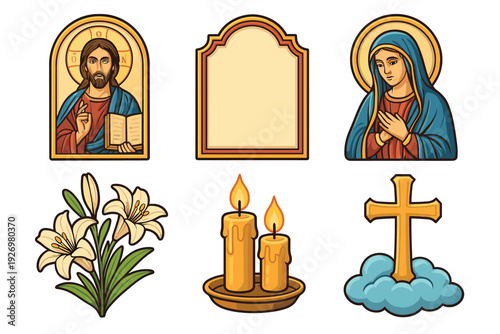 Collection of Christian religious icons and symbols featuring Jesus Christ, the Virgin Mary, a cross, candles, lilies, and an empty frame in a colorful cartoon illustration style