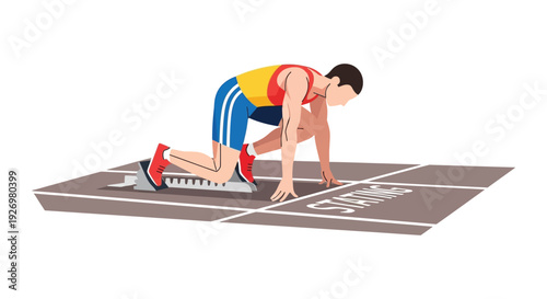A runner in starting blocks prepares for a race depicted in a flat colorful silhouette high quality professional detailed modern elegant