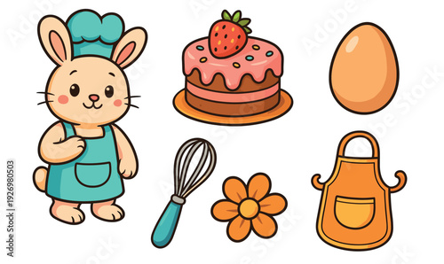 Cute cartoon set of baking icons featuring a bunny chef, strawberry cake, egg, whisk, apron, and flower for a charming and sweet culinary-themed design collection