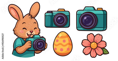 Collection of cute Easter themed illustrations featuring a happy bunny photographer with a camera, a decorated egg, and a pink spring flower in a charming cartoon vector style