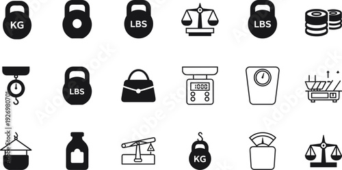 Weight measurement icons collection with kettlebell kilogram pound balance scales digital and mechanical weighing equipment vector illustration set