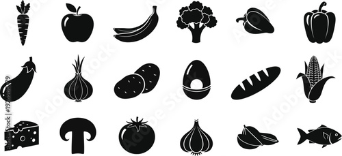 Collection of various vegetables and fruits in black silhouette
