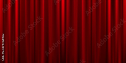 Red velvet curtain background. Closed curtains wallpaper for theater stage or cinema, circus. Red fabric drapery backdrop for award, show, performance. Velvet textile room scene banner concept. Vector