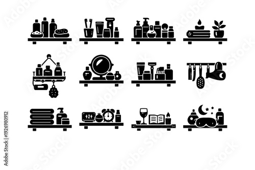 Symbol set flow bathroom icon smooth preparation daily routine vector morning